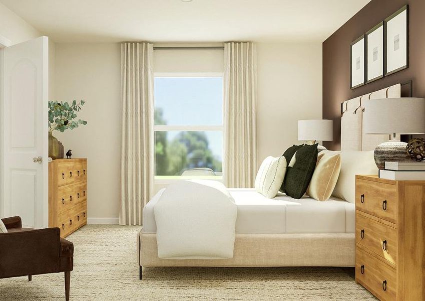 Rendering of the Blanco's master bedroom
  with bed and leather armchair facing a large window. Matching nightstands and
  dresser hold two table lamps, and multiple vases and sculptures.