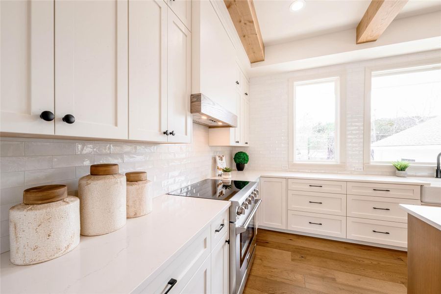 Custom cabinets, quartz counters and high-end appliances.