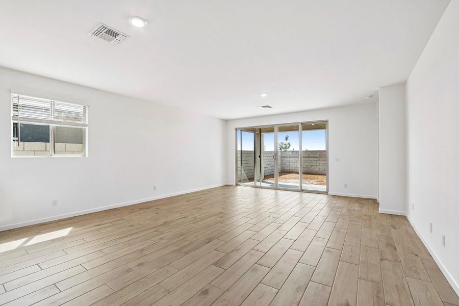 Dining and great room. Not actual home, finishes and options may vary.