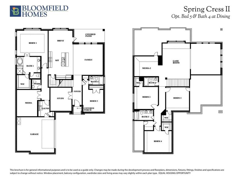 Bloomfield Homes Spring Cress II two-story floor plan with 5 bedrooms, 4 bathrooms, family room, study, and game room.