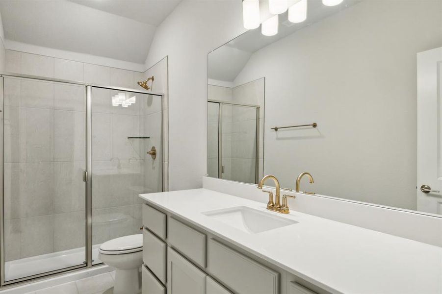 Full bathroom featuring vanity, a shower stall, and lofted ceiling