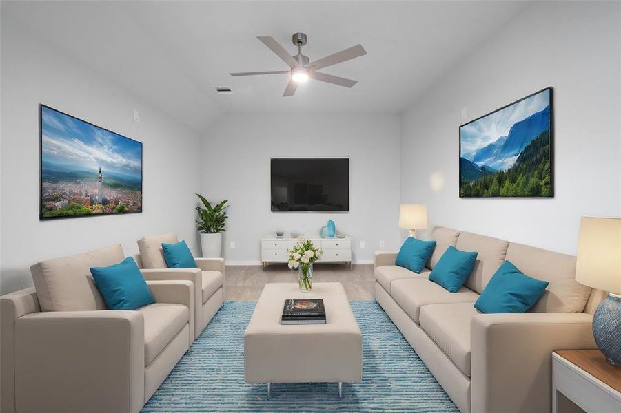 Grab the popcorn, put on a movie, and enjoy a wonderful evening in your amazing media room! Featuring plush carpet, custom paint, and ceiling fan that makes this the perfect room for relaxing.