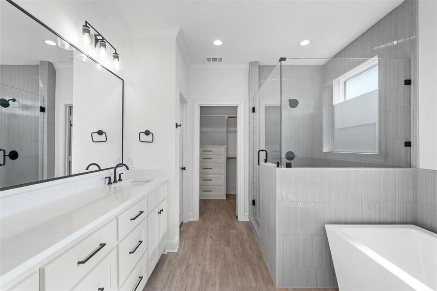 Bathroom with a shower stall, a freestanding bath, a walk in closet, light wood finished floors, and vanity Bathroom with a shower stall, a freestanding bath, a walk in closet, light wood finished floors, and vanity