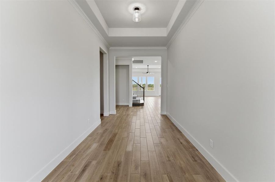 Corridor with light wood-style floors, ornamental molding, and a tray ceiling