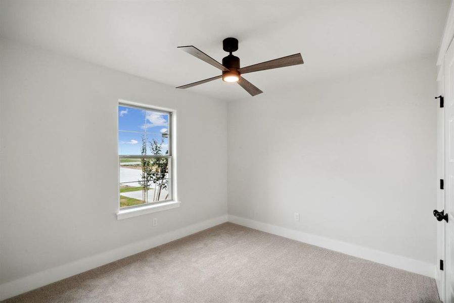 Empty room featuring carpet floors and ceiling fan