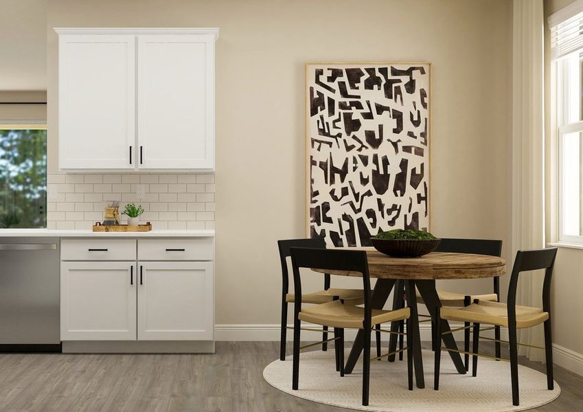 Rendering of the breakfast nook with a round table and four chairs. Rendering of the breakfast nook with a round table and four chairs.