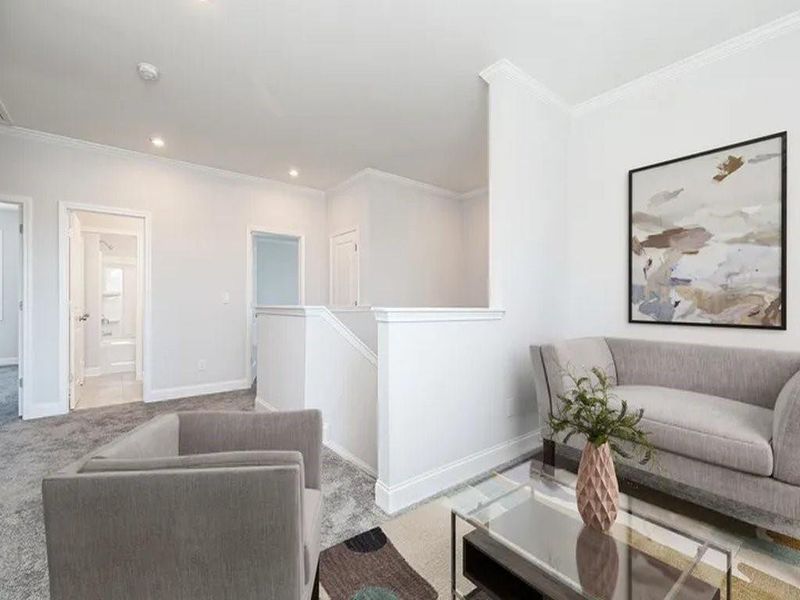 Furnished interior view inside a new home in The Beacon at Old Peachtree Single Family Homes, Lawrenceville (Image 4). Furnished interior view inside a new home in The Beacon at Old Peachtree Single Family Homes, Lawrenceville (Image 4).