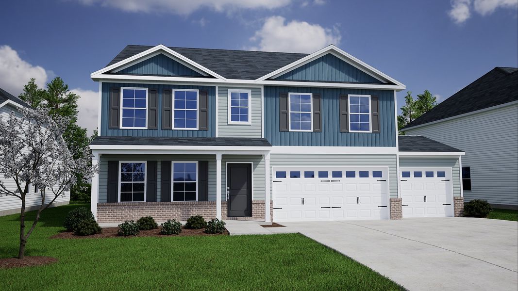 Front exterior of a new home in Burke Estates, Chesnee, SC, highlighting curb appeal (Image 1). Front exterior of a new home in Burke Estates, Chesnee, SC, highlighting curb appeal (Image 1).