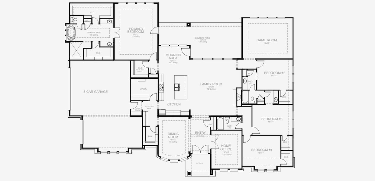 2D floor plan layout for the 3494S by Perry Homes in Bristol Valley, Rockwall, TX (Image 4).