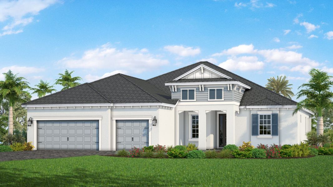 Front exterior of a new home in SkySail Real Estate and Homes for Sale in Naples, FL - Neal Communities, Naples, FL, highlighting curb appeal (Image 20).