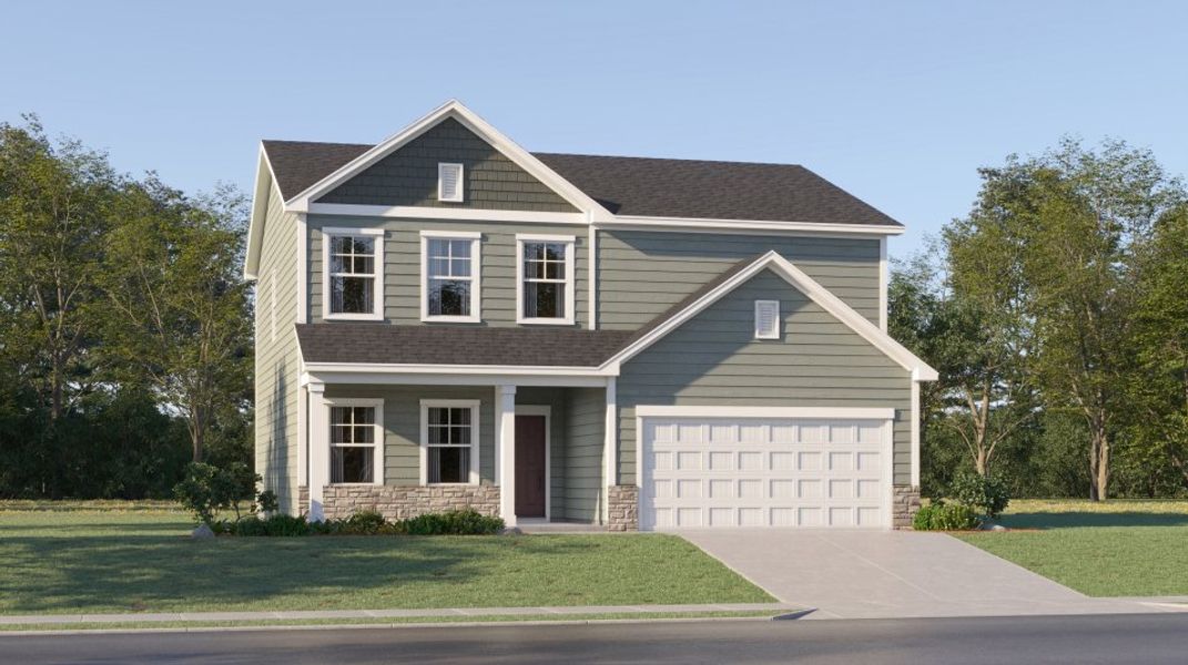 Front exterior of a new home in Marelli: Carolina Collection, Sanford, NC, highlighting curb appeal (Image 1).