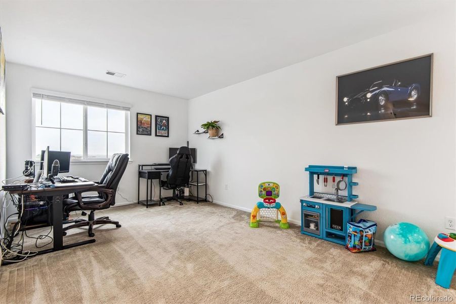 Loft with carpet and lots of light