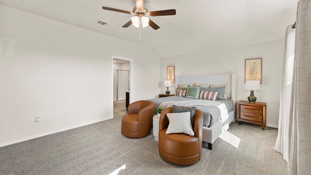 Bedroom featuring carpeting, a ceiling fan, and access to an ensuite bathroom with a glass-enclosed shower
