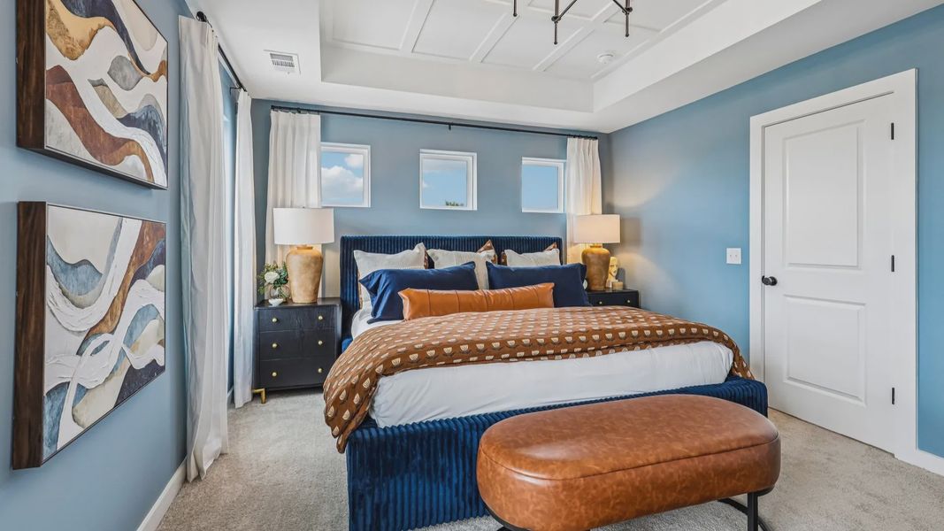 Primary suite with tray ceiling, windows, and carpet