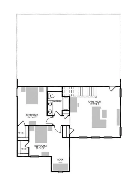 A detailed layout planning the upper level with secondary bedrooms and recreation space.