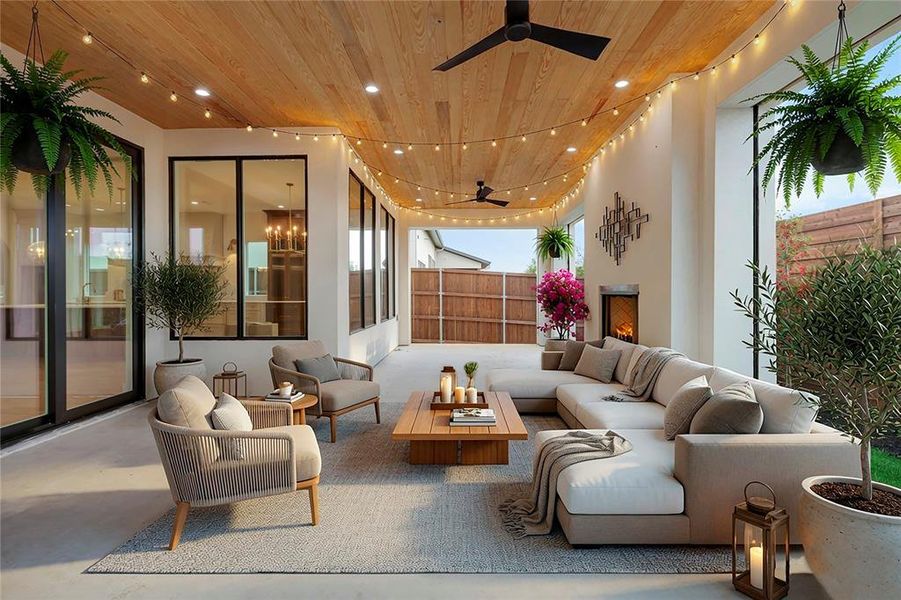 VIRTUALLY STAGED: Expansive covered patio featuring a wood-panel ceiling with recessed lighting and ceiling fans, full-height windows, a built-in fireplace, and concrete flooring