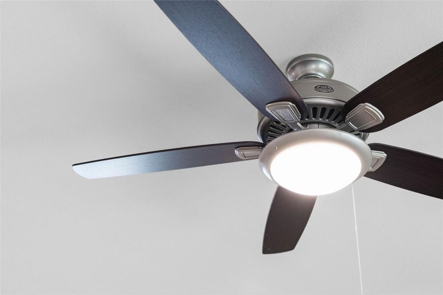 This contemporary ceiling fan features a brushed nickel finish and five dark wood blades, centered by an integrated LED light kit and a traditional pull chain for effortless control. The ceiling fan will make a room feel up to 4–8 degrees cooler and redistribute rising warm air in the winter.