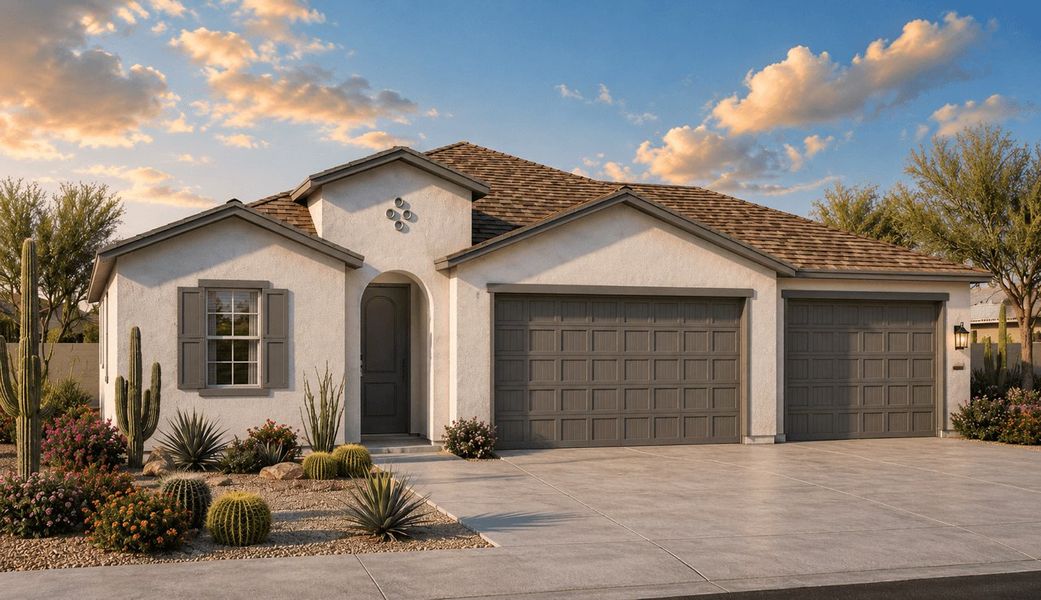 Representative exterior photo of a completed home built from the Encanto by William Ryan Homes in Silver Cross, San Tan Valley, AZ (Image 3). Representative exterior photo of a completed home built from the Encanto by William Ryan Homes in Silver Cross, San Tan Valley, AZ (Image 3).