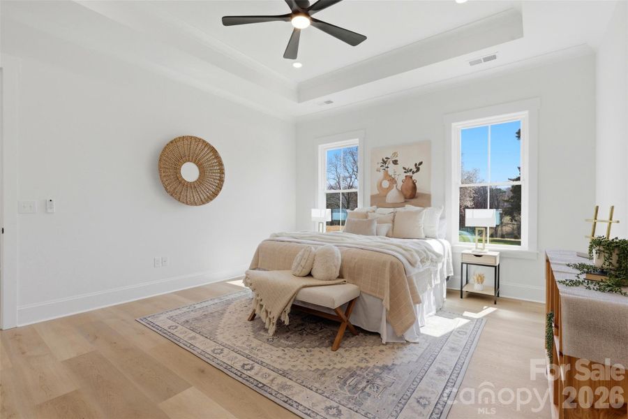primary bedroom- great natural lighting, tray ceiling, ensuite bath connected to the laundry room!