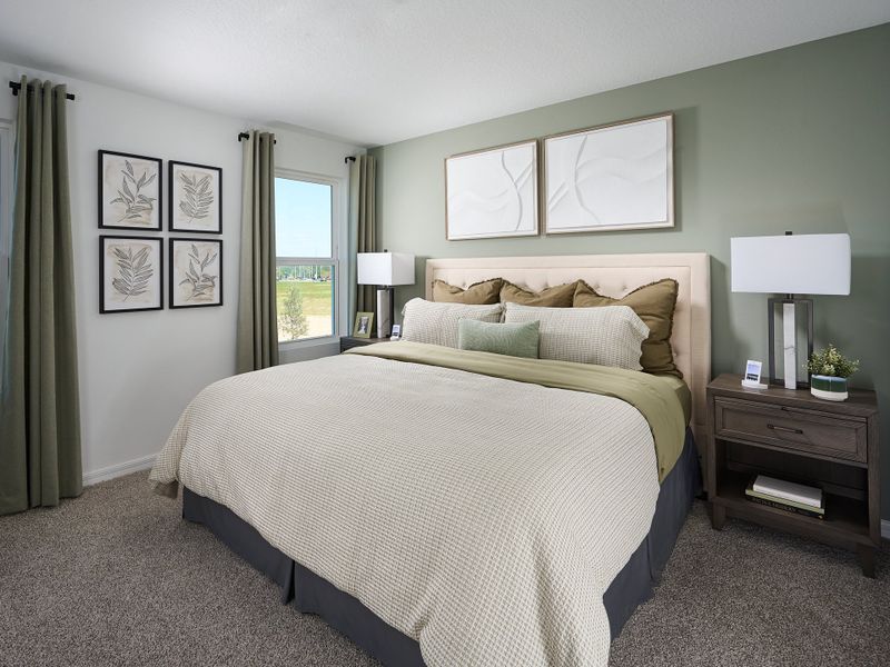 Primary bedroom in the Calistoga I floorplan modeled at Cagan Crossings West