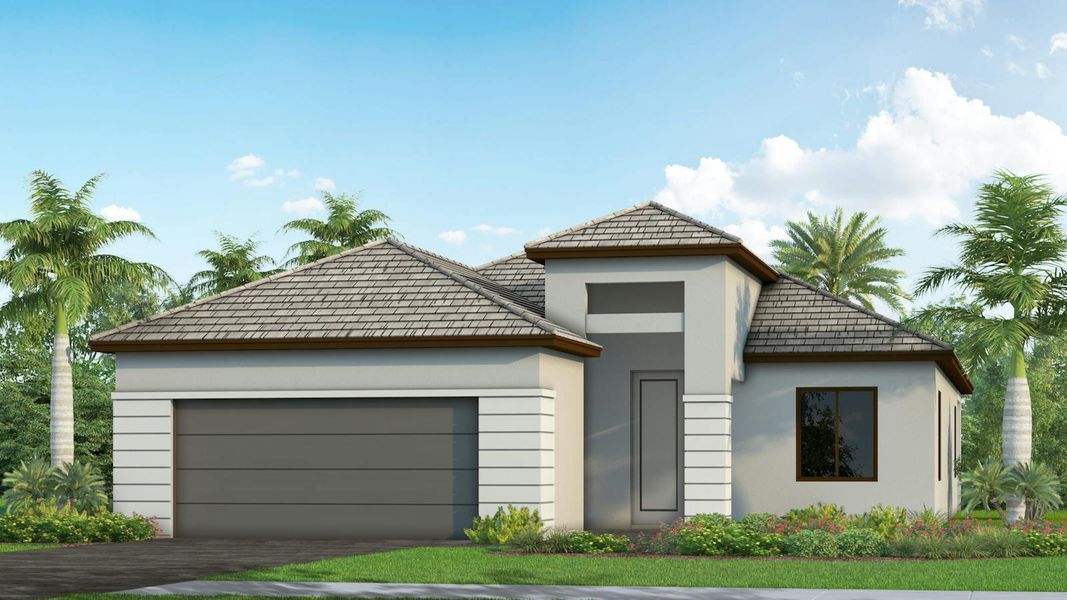 Front exterior of a new home in Palm Grove Real Estate and Homes for Sale in Lakewood Ranch, FL - Neal Communities, Lakewood Ranch, FL, highlighting curb appeal (Image 31).