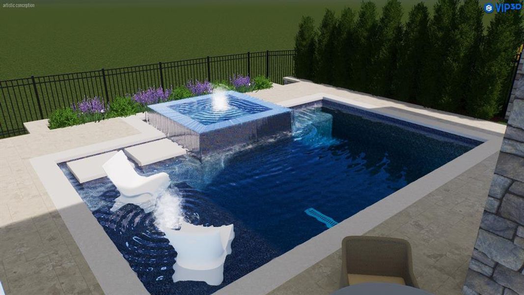 This rendering showcases a pool option that can be added. The spacious lot offers plenty of room to create your own private backyard retreat.