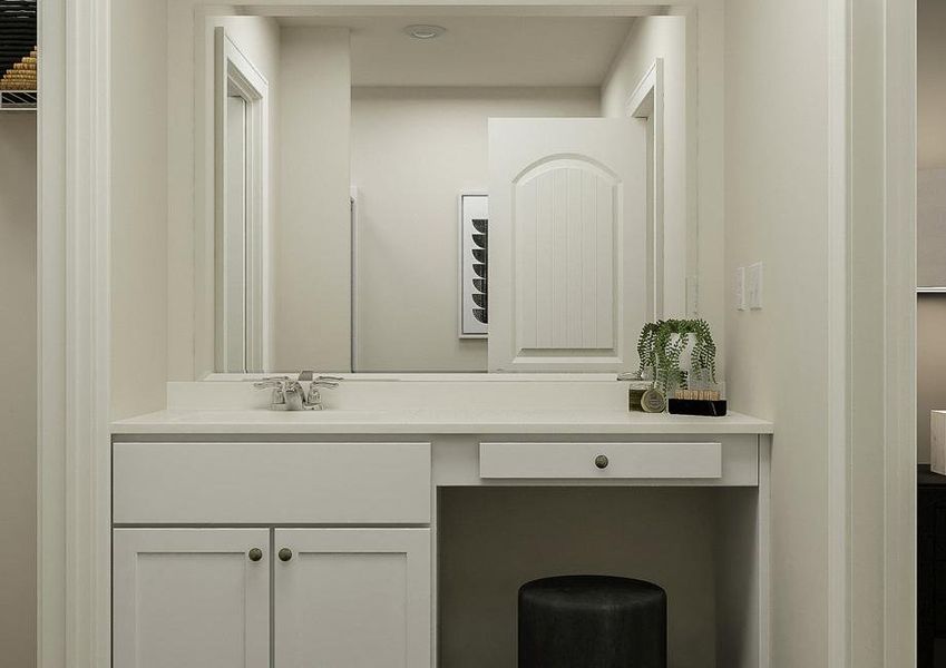 Rendering of the master bath focused on
  the sink, make-up vanity and white cabinetry. The mirror reflects that
  bathtub.Â