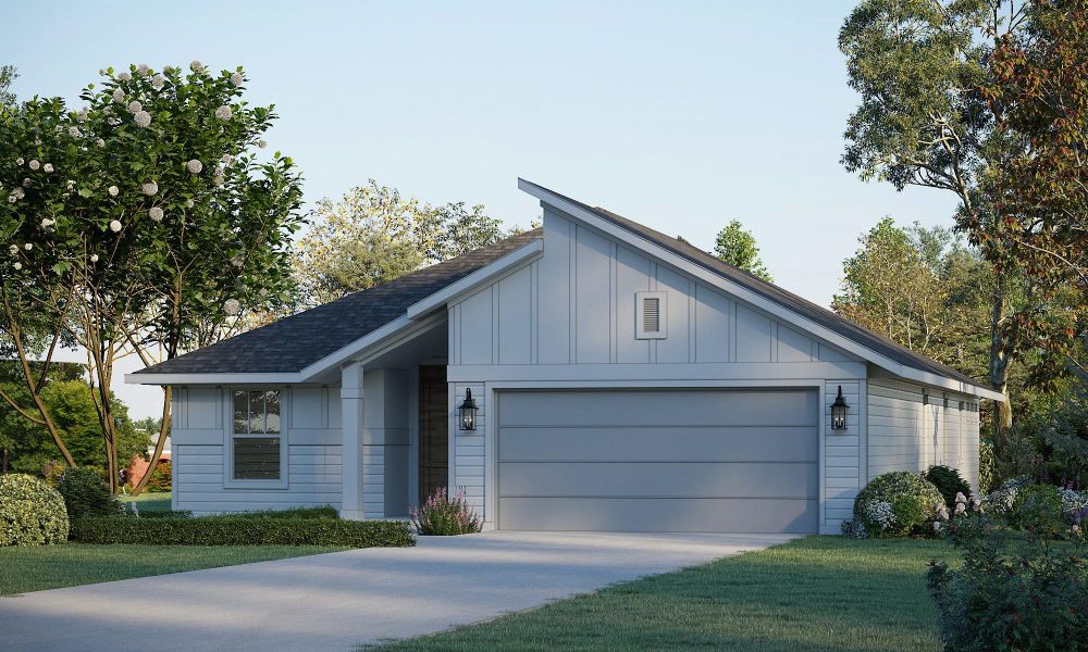 Mid-century modern home with an attached garage, driveway, board and batten siding, and roof with shingles