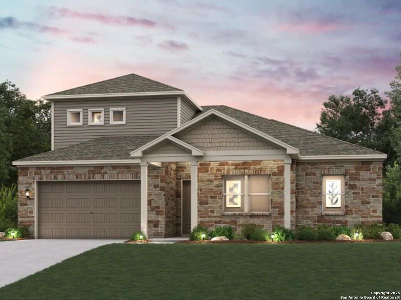 Front exterior of a new home in Homestead, Schertz, TX, highlighting curb appeal (Image 1).