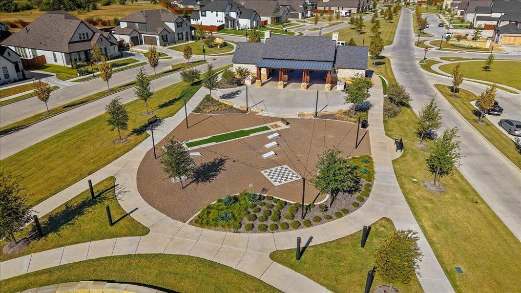 Aerial perspective of suburban area with a recreational park