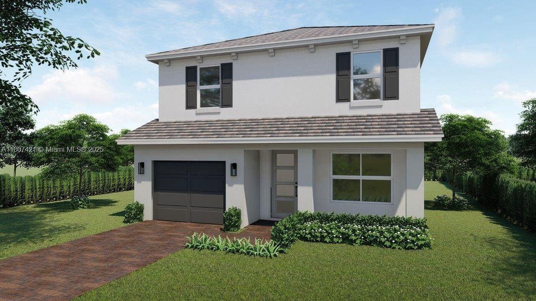 Front exterior of a new home in Parker Pointe, Homestead, FL, highlighting curb appeal (Image 1).