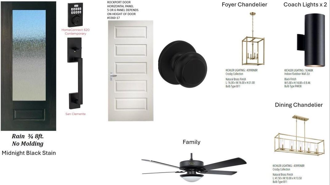 Front door, interior doors, and lighting selections
