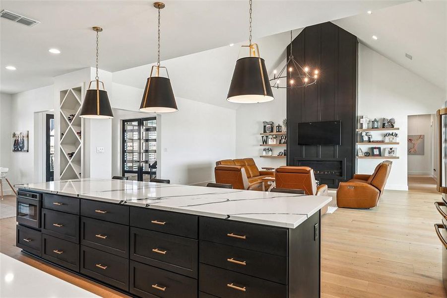 Large open space view of kitchen and living are