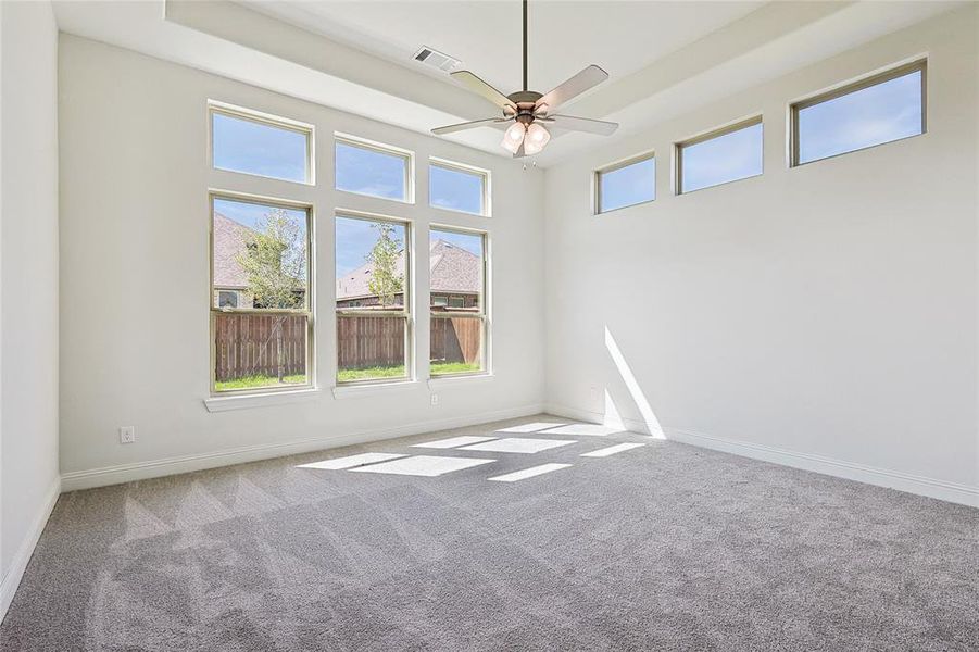 Spare room with a wealth of natural light, ceiling fan, and carpet