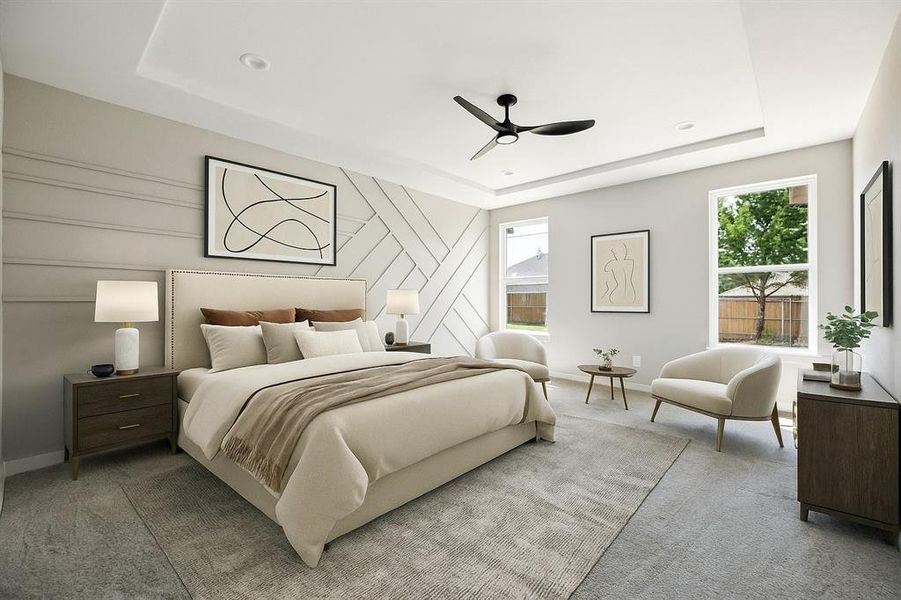 Virtually staged primary bedroom