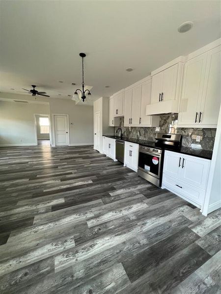 Kitchen featuring stove, exhaust hood, dark countertops, and dishwashing machine