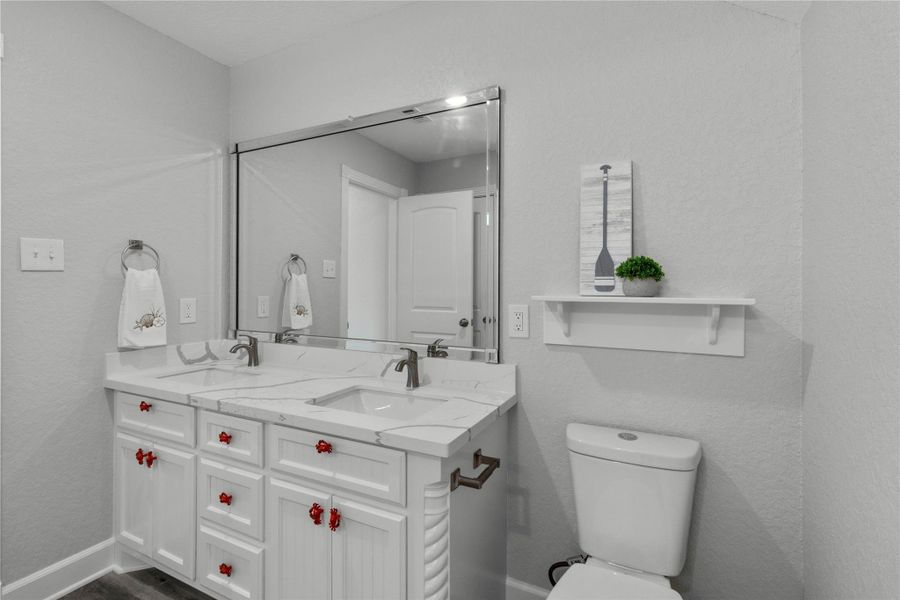 Upstairs Bathroom with double Vanity and Large Shower