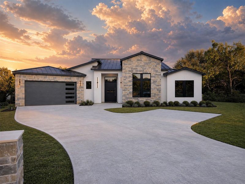 An elegant stone and stucco exterior anchors this modern single-story residence with a metal roof. An elegant stone and stucco exterior anchors this modern single-story residence with a metal roof.