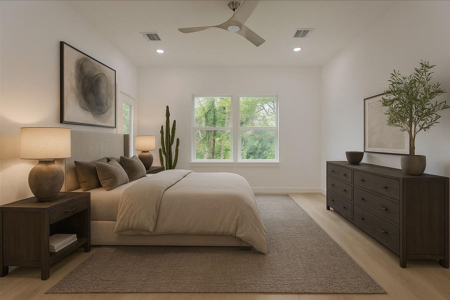 Upstairs primary suite with private balcony. Virtually staged Upstairs primary suite with private balcony. Virtually staged