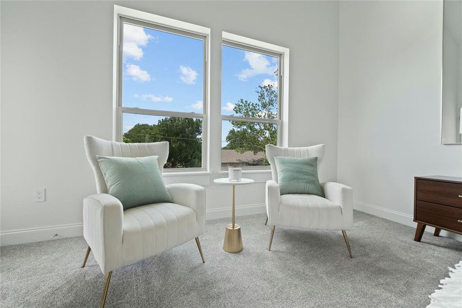 Sitting room featuring carpet floors, plenty of natural light, and baseboards