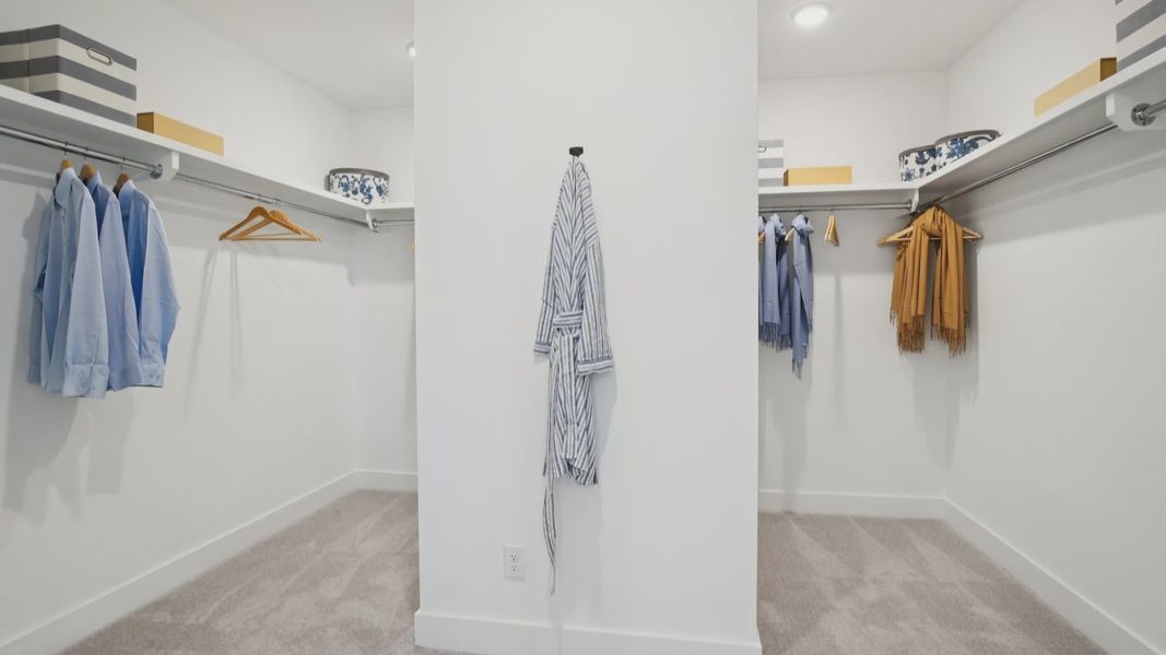 Large walk-in closet with built-in shelving and divided layout