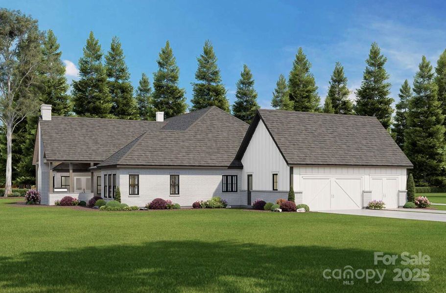 The combination of vertical board-and-batten siding, light-colored brick, and black-framed windows continues the elegant, contemporary farmhouse style. The combination of vertical board-and-batten siding, light-colored brick, and black-framed windows continues the elegant, contemporary farmhouse style.