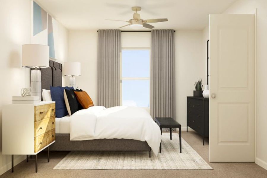 A bedroom with a bed and a fan. A bedroom with a bed and a fan.