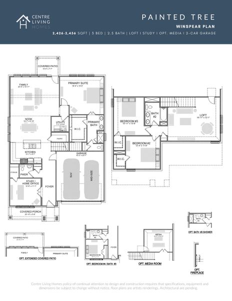 2D floor plan layout for the Winspear by Centre Living Homes in Painted Tree Woodland West, McKinney, TX (Image 5).