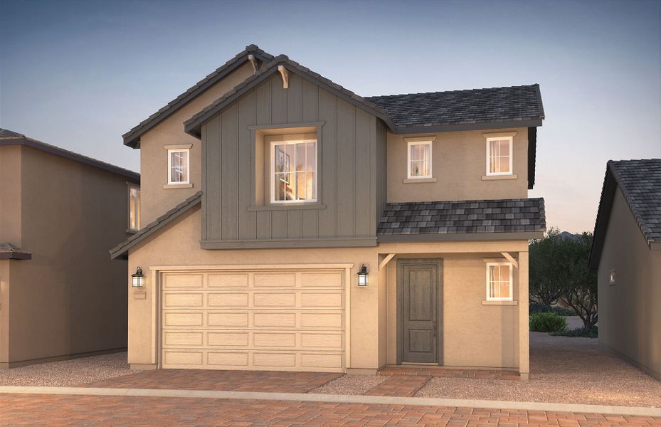 Front exterior of a new home in Asante- Atrium Series, Surprise, AZ, highlighting curb appeal (Image 19).