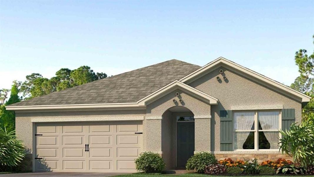 Front exterior of a new home in Abbott Park, Zephyrhills, FL, highlighting curb appeal (Image 1).