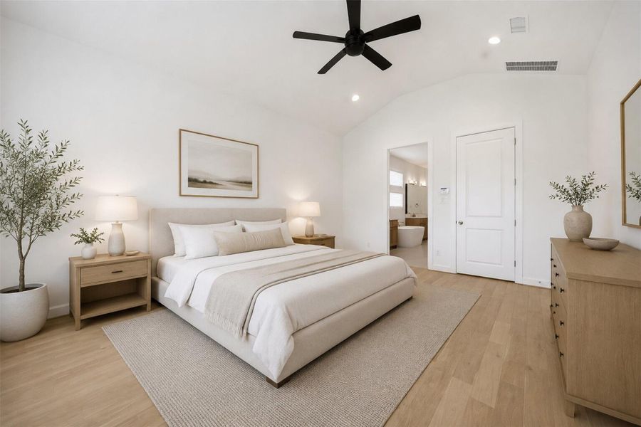 **Virtually Staged** Spacious and serene primary suite featuring soaring ceilings, abundant natural light, warm wood flooring, and a spa-inspired atmosphere designed for comfort and relaxation.