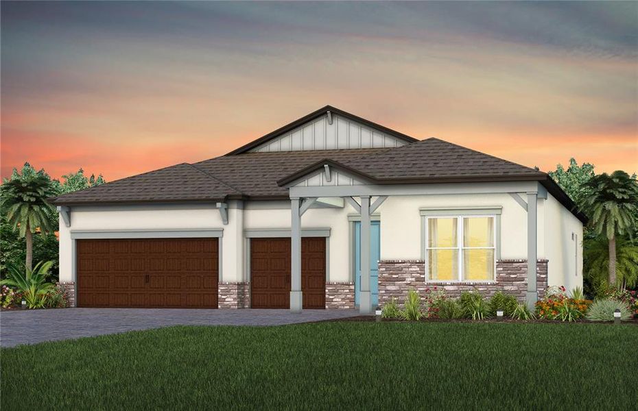 Front exterior of a new home in Vida's Way, Wesley Chapel, FL, highlighting curb appeal (Image 1).