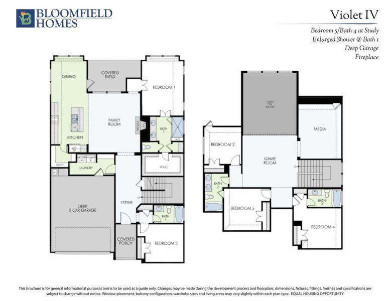 Bloomfield Homes Violet IV floor plan showing 5-bedroom, 4-bath two-story layout with deep garage, game room, and media room.