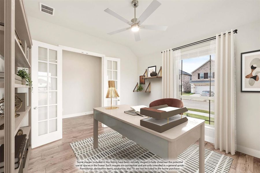 Home office with French doors, ceiling fan, hardwood floors, and a desk near a large window Home office with French doors, ceiling fan, hardwood floors, and a desk near a large window